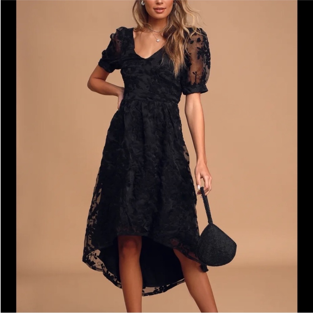 Lulu’s Be My Date Black Wedding Guest Dress Puffy Sleeve Lace